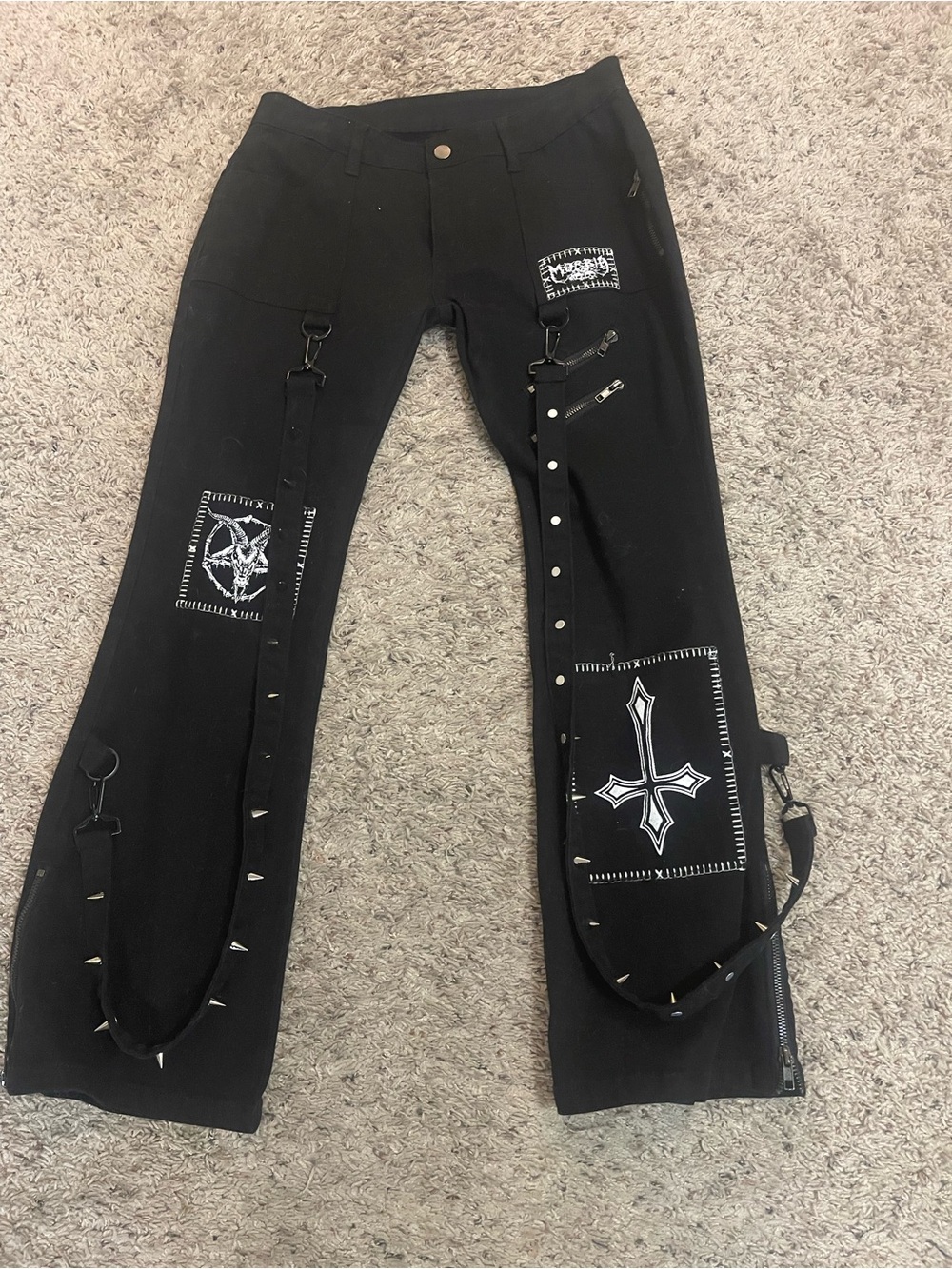 Dolls Kill Widow Black Low Rise Bondage Strap Patch Pants Size 6 Goth Punk Y2K